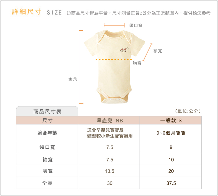 有機棉早產兒包屁衣尺寸表